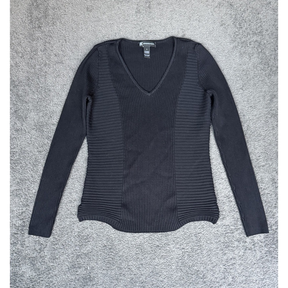 INC International Concepts Black Ribbed V-Neck Long Sleeve Sweater Small